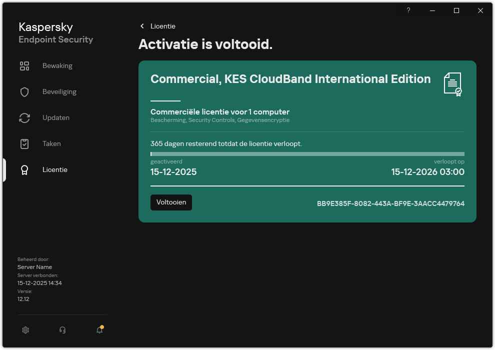 Het venster bevat informatie over de licentie: vervaldatum, beschikbare functies en andere informatie.