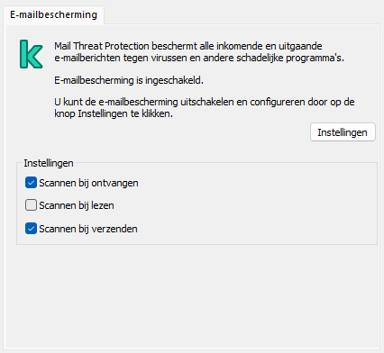 Kaspersky-extensie voor Outlook-venster. De gebruiker kan configureren om berichten te scannen wanneer ze worden ontvangen, gelezen of verzonden.
