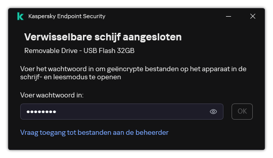 Het venster bevat een wachtwoordinvoerveld. De gebruiker kan een toegangsaanvraag voor een bestand maken.