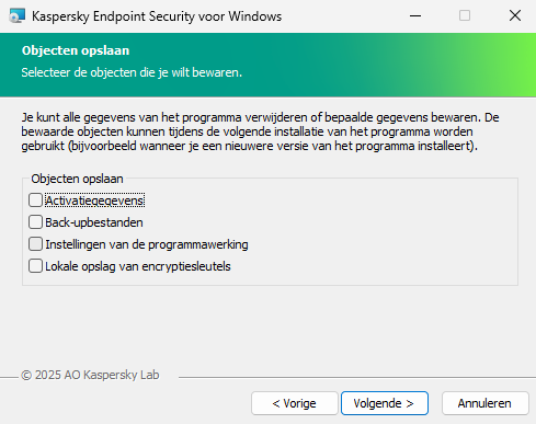 Installatievenster met een lijst objecten die kunnen worden opgeslagen na het verwijderen van het programma.