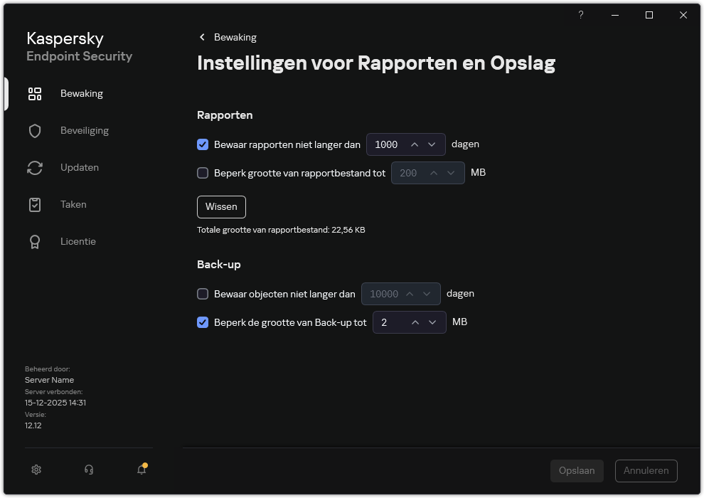 Venster Rapporten en opslaginstellingen. De gebruiker kan de grootte instellen en de opslagtijd beperken van rapporten en objecten in de opslagplaats.