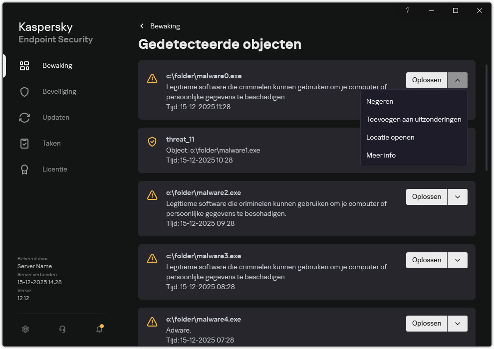 Een venster met de lijst met gedetecteerde objecten. Er wordt informatie over het object weergegeven. De gebruiker kan het object oplossen of verwijderen.