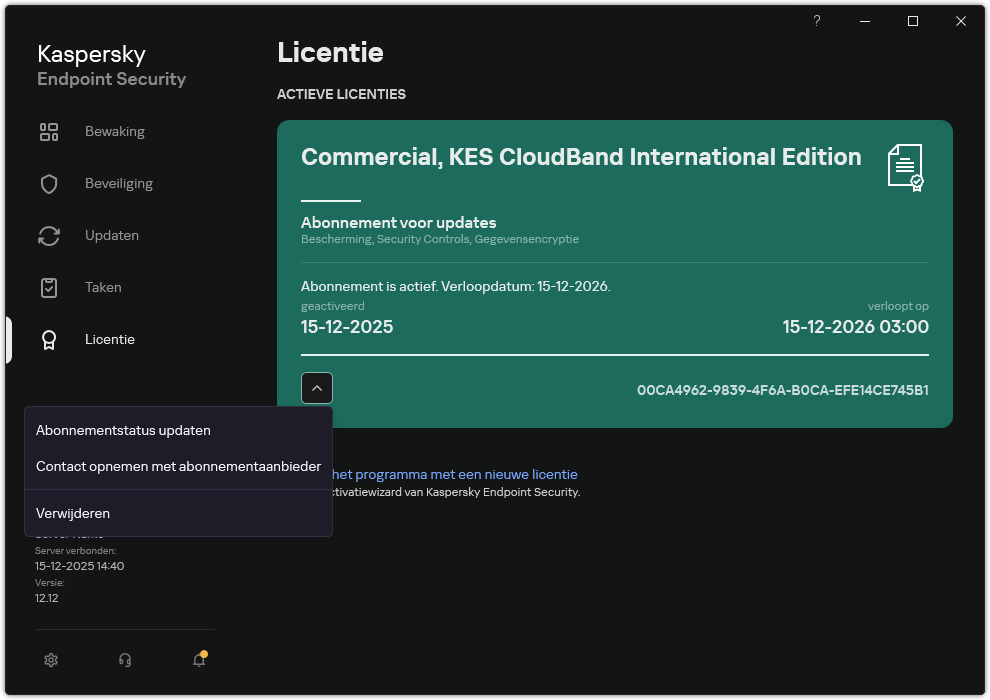 Het venster met informatie over de licentie. De gebruiker kan het abonnement bijwerken, contact opnemen met de abonnementsprovider of de licentie verwijderen.