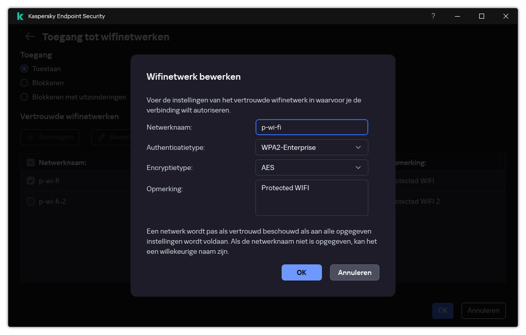 Het venster bevat de instellingen van het vertrouwde wifi-netwerk.