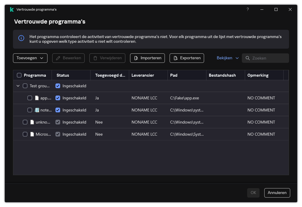Een venster met de lijst met vertrouwde programma's. De gebruiker kan een vertrouwd programma toevoegen, bewerken of verwijderen.