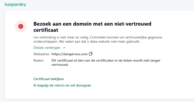 Kaspersky-melding over het bezoeken van een domein met een niet vertrouwd certificaat in het browservenster. De gebruiker kan verderwerken.
