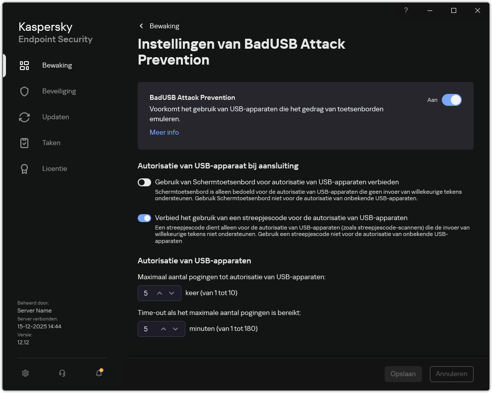 Het instellingen venster van BadUSB Attack Prevention.