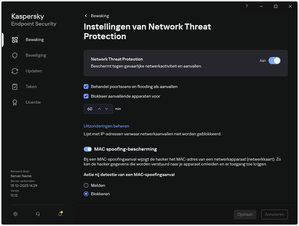 Network Threat Protection instellingenvenster