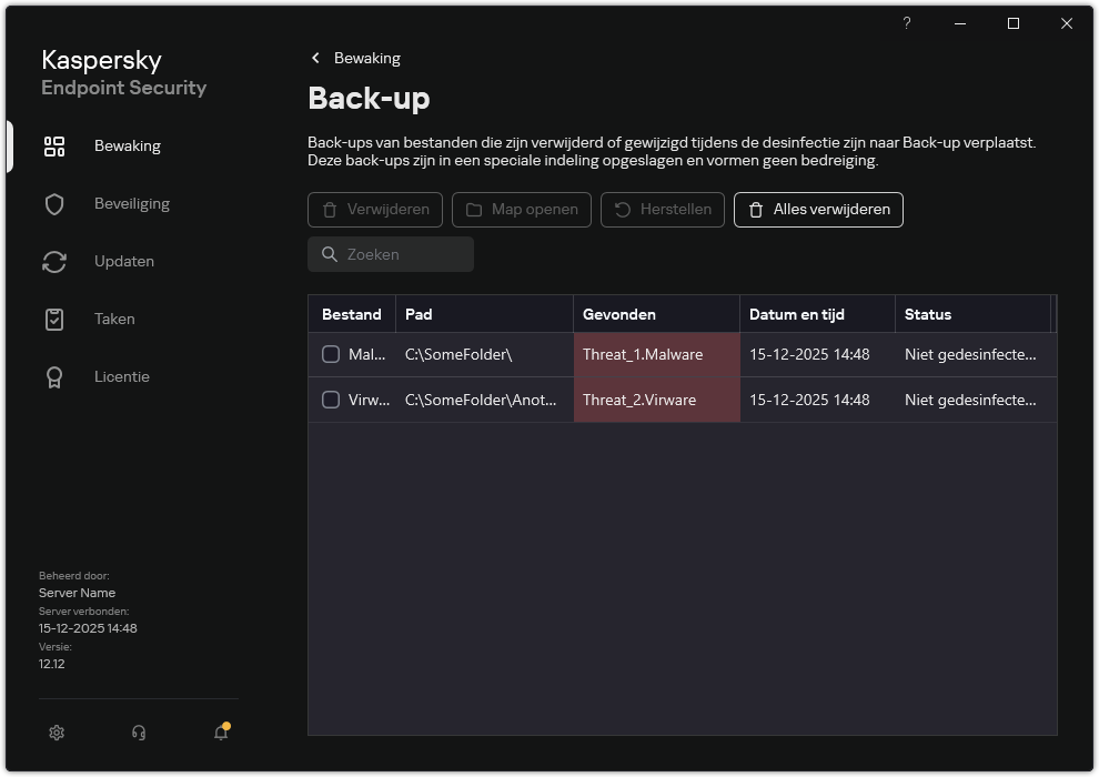 Back-up venster. De gebruiker kan objecten uit Back-up verwijderen of herstellen.