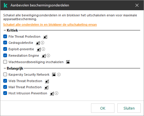 Scherm voor het inschakelen van aanbevolen beschermingsonderdelen. U kunt beschermingsonderdelen inschakelen en voorkomen dat ze uitgeschakeld worden.