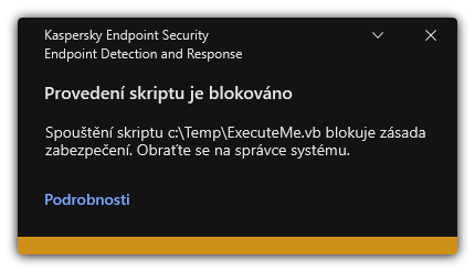 Upozornění na zablokované provádění skriptu. Uživatel může zobrazit podrobné informace o pravidle.