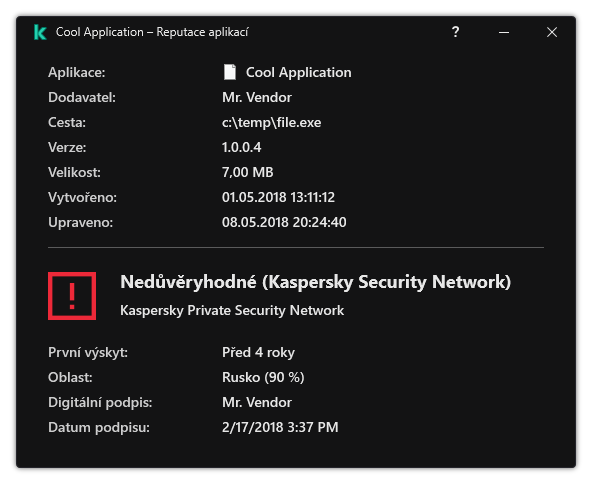 Okno obsahuje informace o reputaci souboru a další údaje, jako je přítomnost digitálního podpisu.