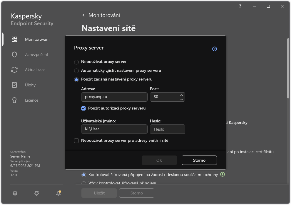 Okno pro konfiguraci připojení k proxy serveru. Uživatel může nastavit adresu proxy serveru a přihlašovací údaje pro připojení k proxy serveru.