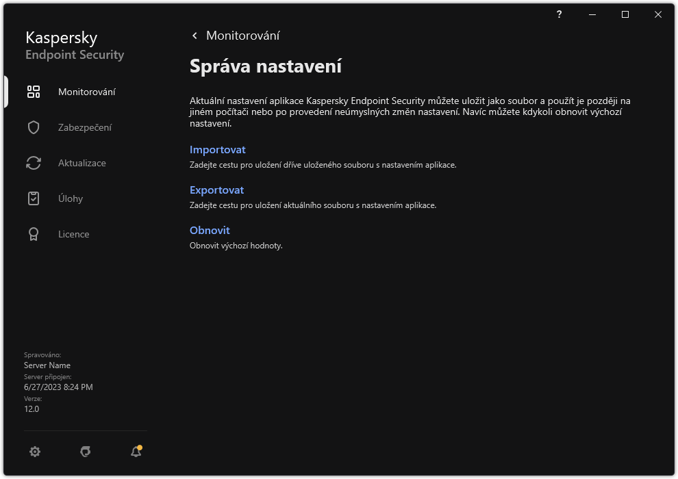 Okno nastavení výjimek. Uživatel může exportovat, importovat nebo obnovovat nastavení aplikace.