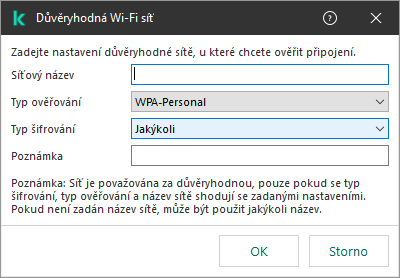 Okno obsahuje nastavení důvěryhodné Wi-Fi sítě.