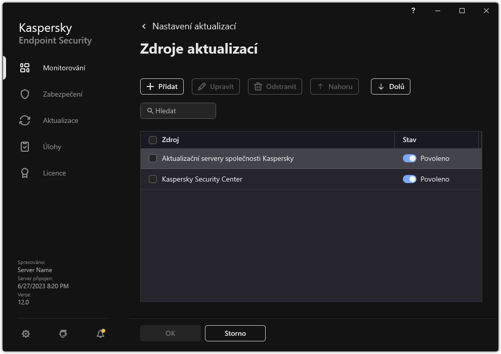 Okno se seznamem zdrojů aktualizací. Uživatel může přidat zdroje aktualizací a přiřadit zdroji prioritu.