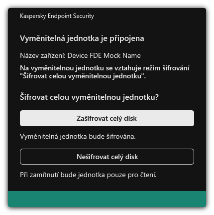 Upozornění na připojený disk s povoleným šifrováním souborů. Uživatel může zašifrovat soubory nebo odmítnout.