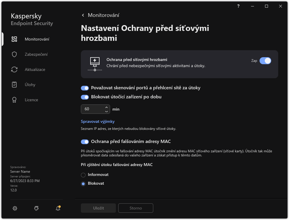 Okno nastavení součásti Ochrana před síťovými hrozbami