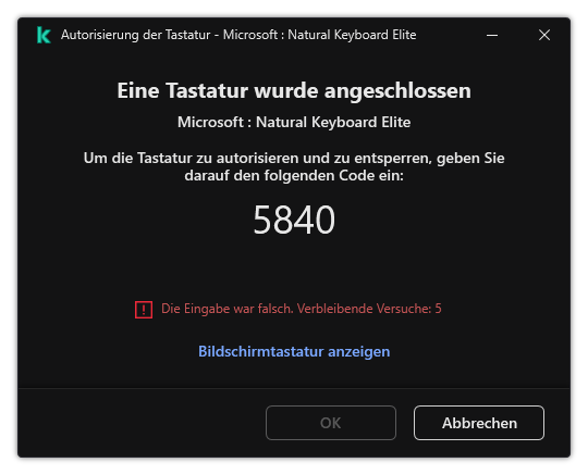Das Fenster mit einem Autorisierungscode für die Tastatur. Der Benutzer kann die Bildschirmtastatur aktivieren und den Code eingeben.