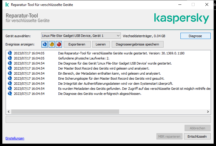 Ein Fenster mit einer Liste der Utility-Ereignisse. Der Benutzer kann eine Diagnose ausführen und das ausgewählte Gerät entschlüsseln.
