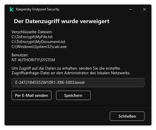 Ein Fenster mit einer Zugriffsanfrage-Datei für verschlüsselte Daten. Der Benutzer kann die generierte Datei auf der Festplatte speichern oder per E-Mail versenden.