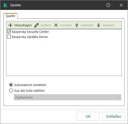 Ein Fenster mit einer Liste der Update-Quellen. Der Benutzer kann Update-Quellen hinzufügen und jeder Quelle eine Priorität zuweisen.