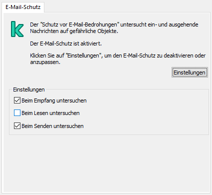 Kaspersky-Erweiterung für das Outlook-Fenster. Der Benutzer kann festlegen, dass Nachrichten beim Empfang, Lesen oder Senden untersucht werden.