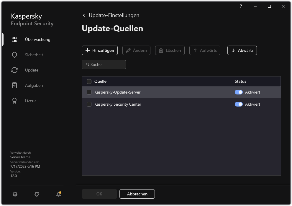 Ein Fenster mit einer Liste der Update-Quellen. Der Benutzer kann Update-Quellen hinzufügen und jeder Quelle eine Priorität zuweisen.