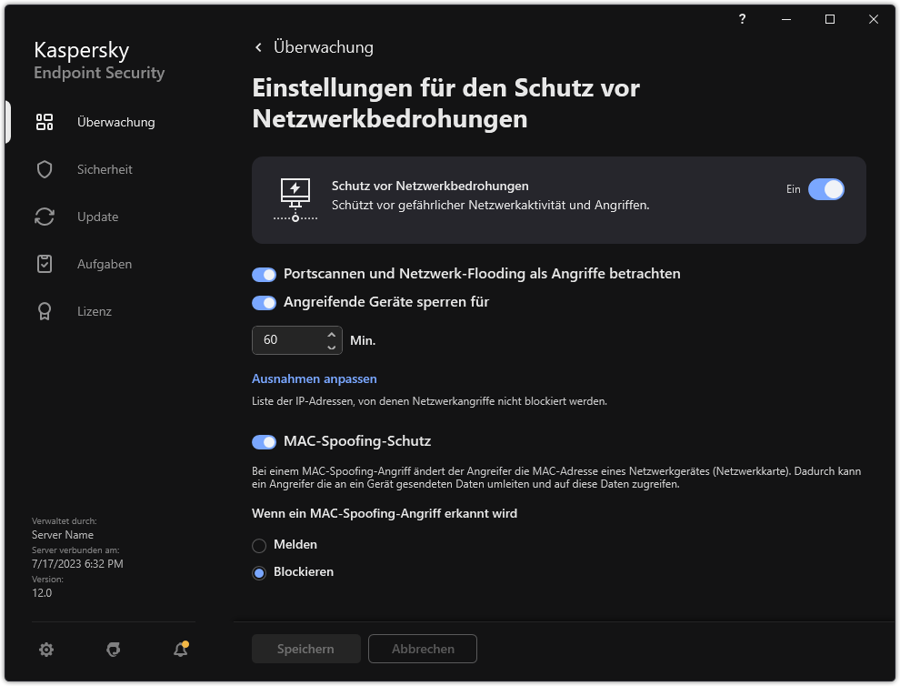 Fenster mit den Einstellungen für "Schutz vor Netzwerkbedrohungen"