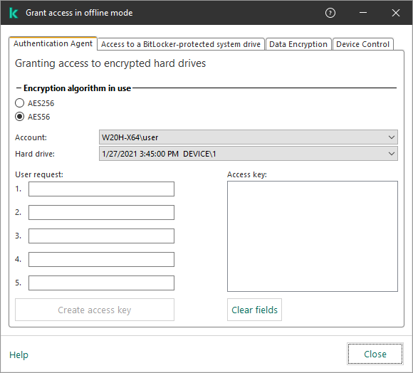 A window with fields for entering the content of the user request and a field for the generated key to access the encrypted disk.