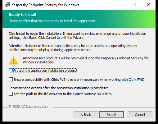 Installation settings window: installation protection, compatibility with Citrix PVS, system variable for avp.com.