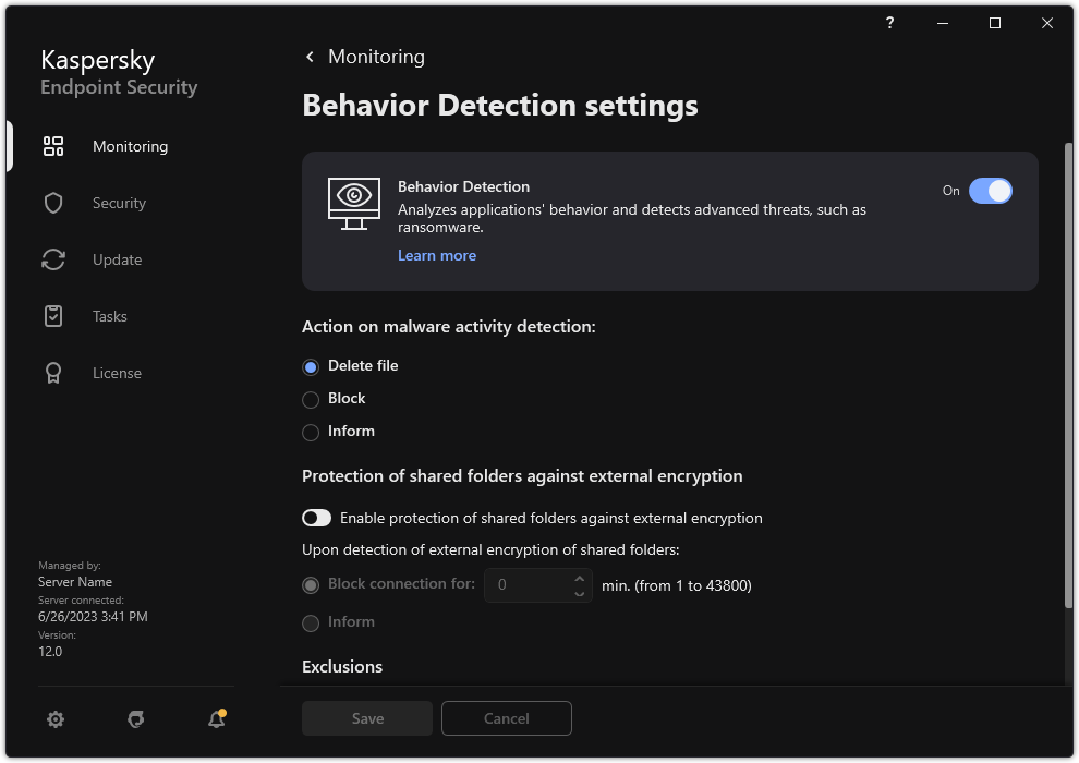 Behavior Detection settings window.