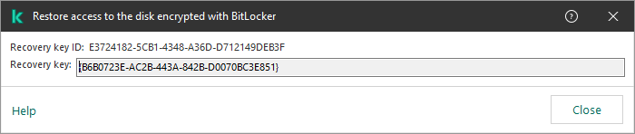 A window with the key to restore access to the encrypted non-system drive.