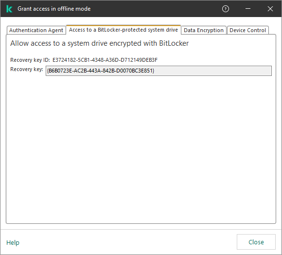 A window with the key to restore access to the encrypted system drive.