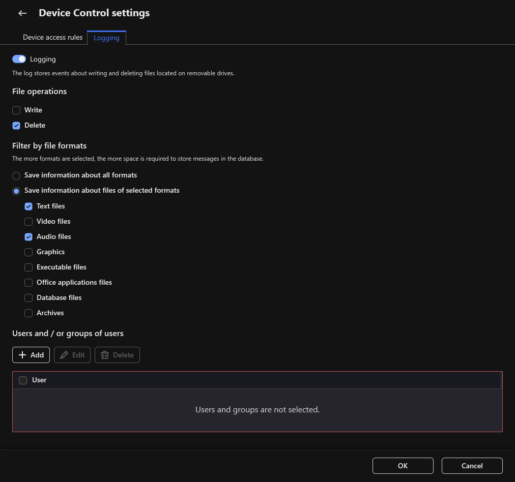 The window for configuring the logging of events about the use of removable drives. The user can select the events to be logged.