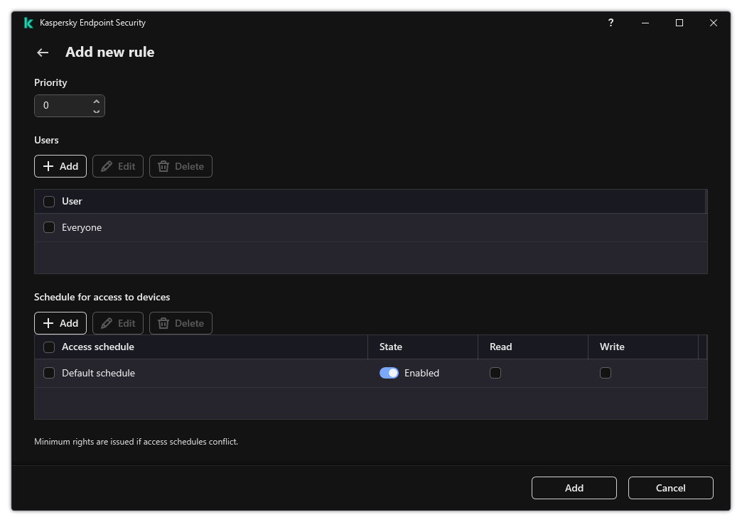 Device Control rule configuration window. The user can assign the rule priority, add users to the rule, and set the rule schedule.