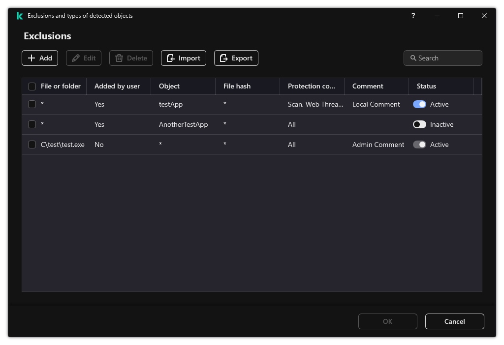 A window with the list of exclusions. Exclusion properties are displayed. The user can add, edit or delete exclusions.