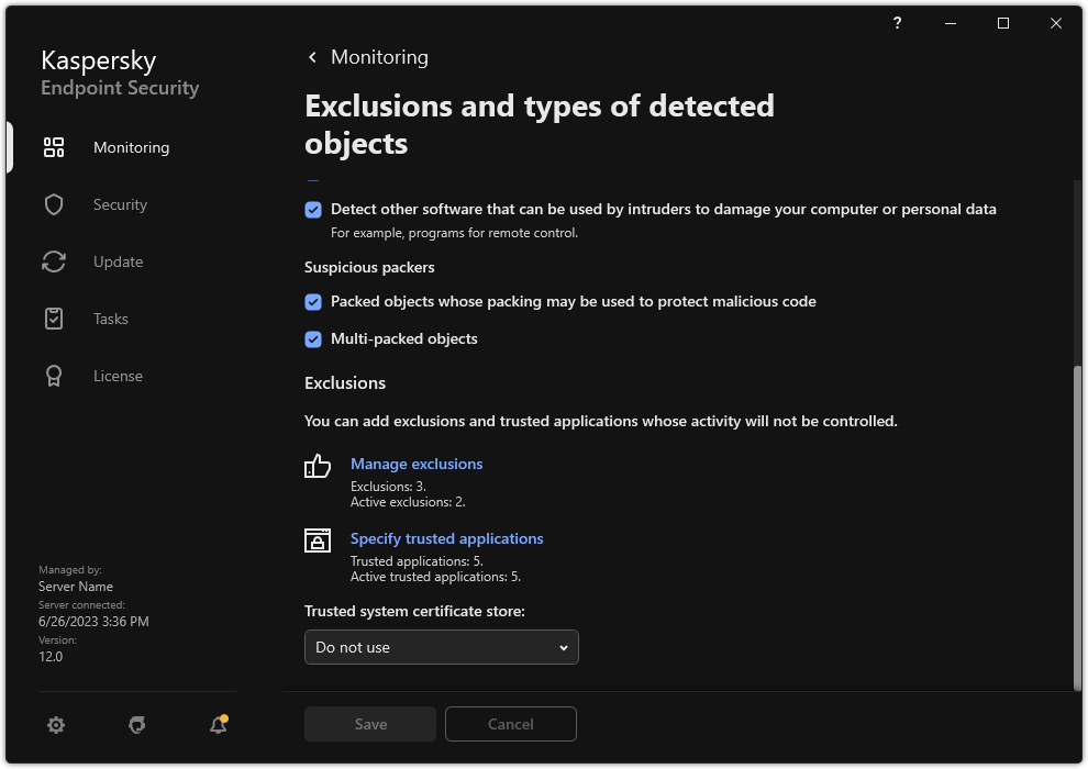 Exclusion settings window. The user can add exclusions and trusted applications.