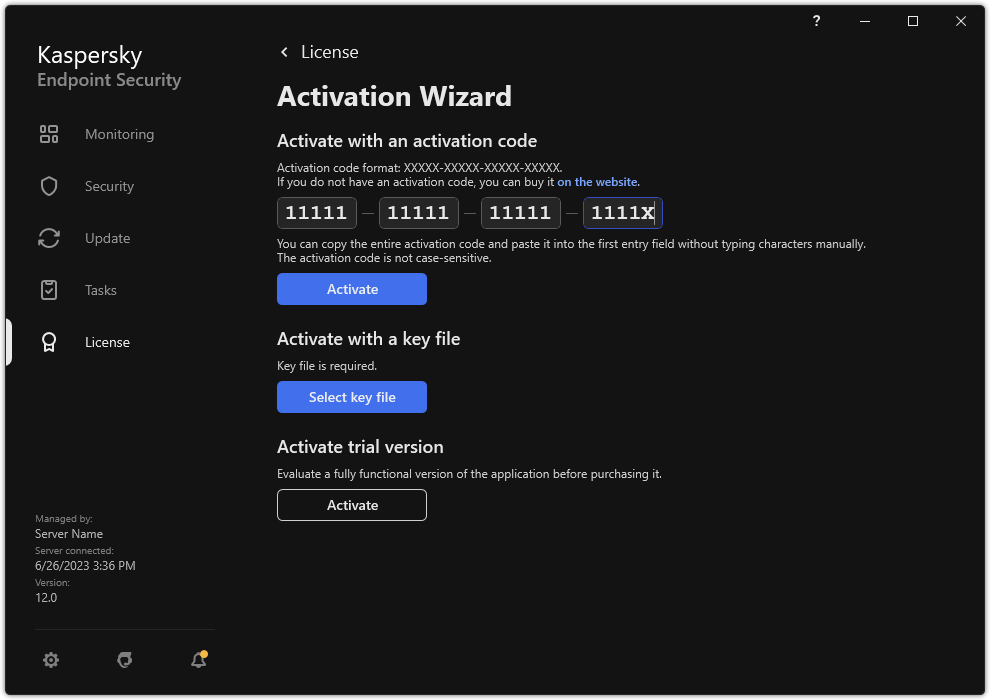 Window with the application activation tools. The user can enter an activation code or select a key file.