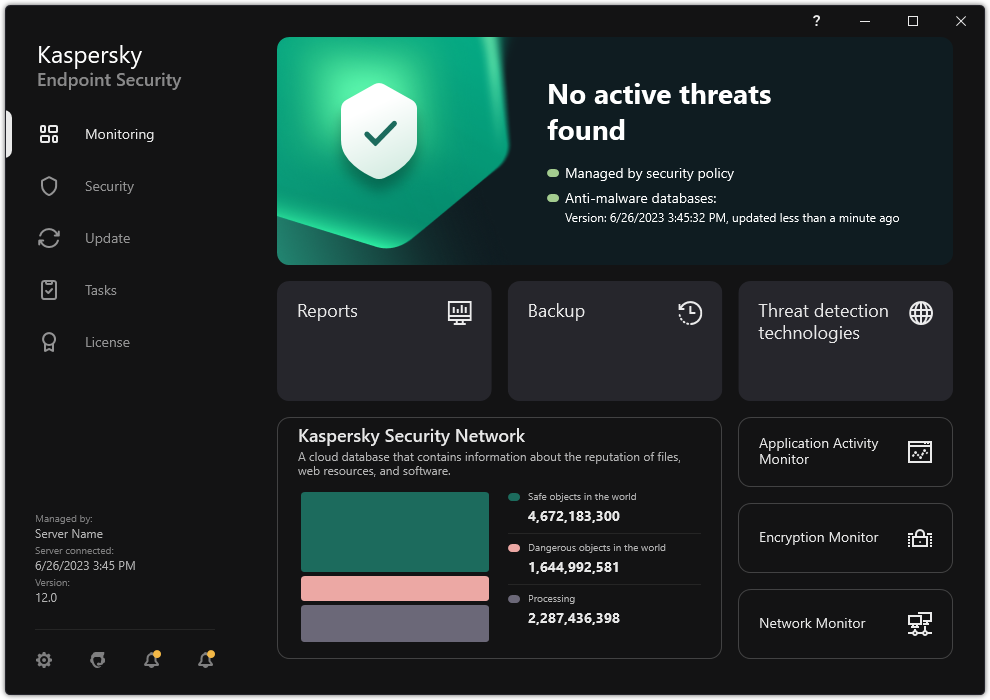 The main application window contains sections for computer security monitoring and application control.