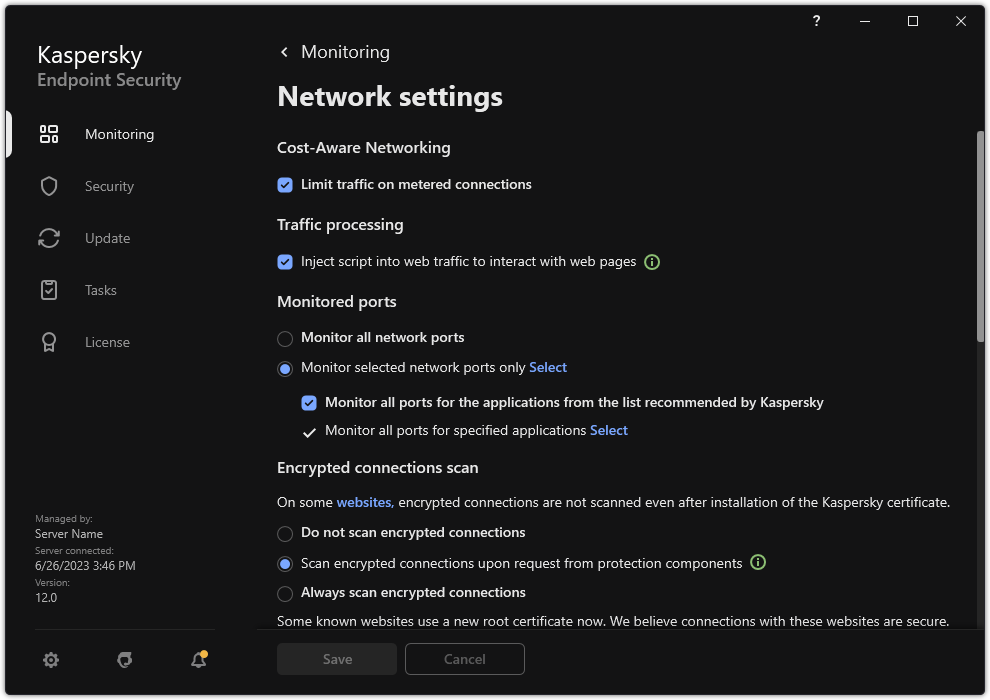 Application network settings window.