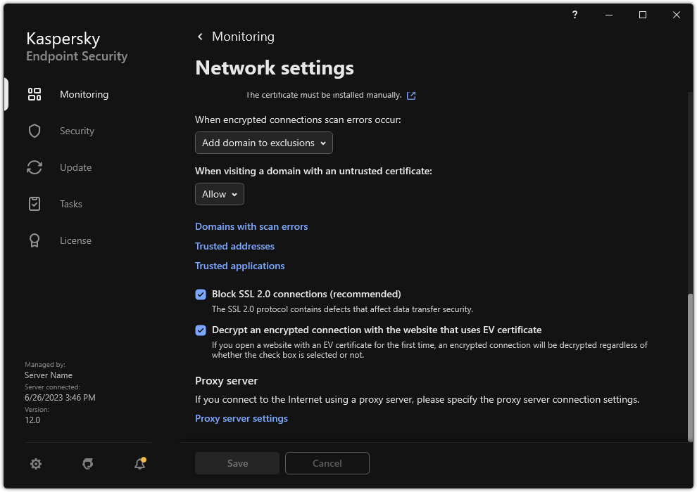 Application network settings window.