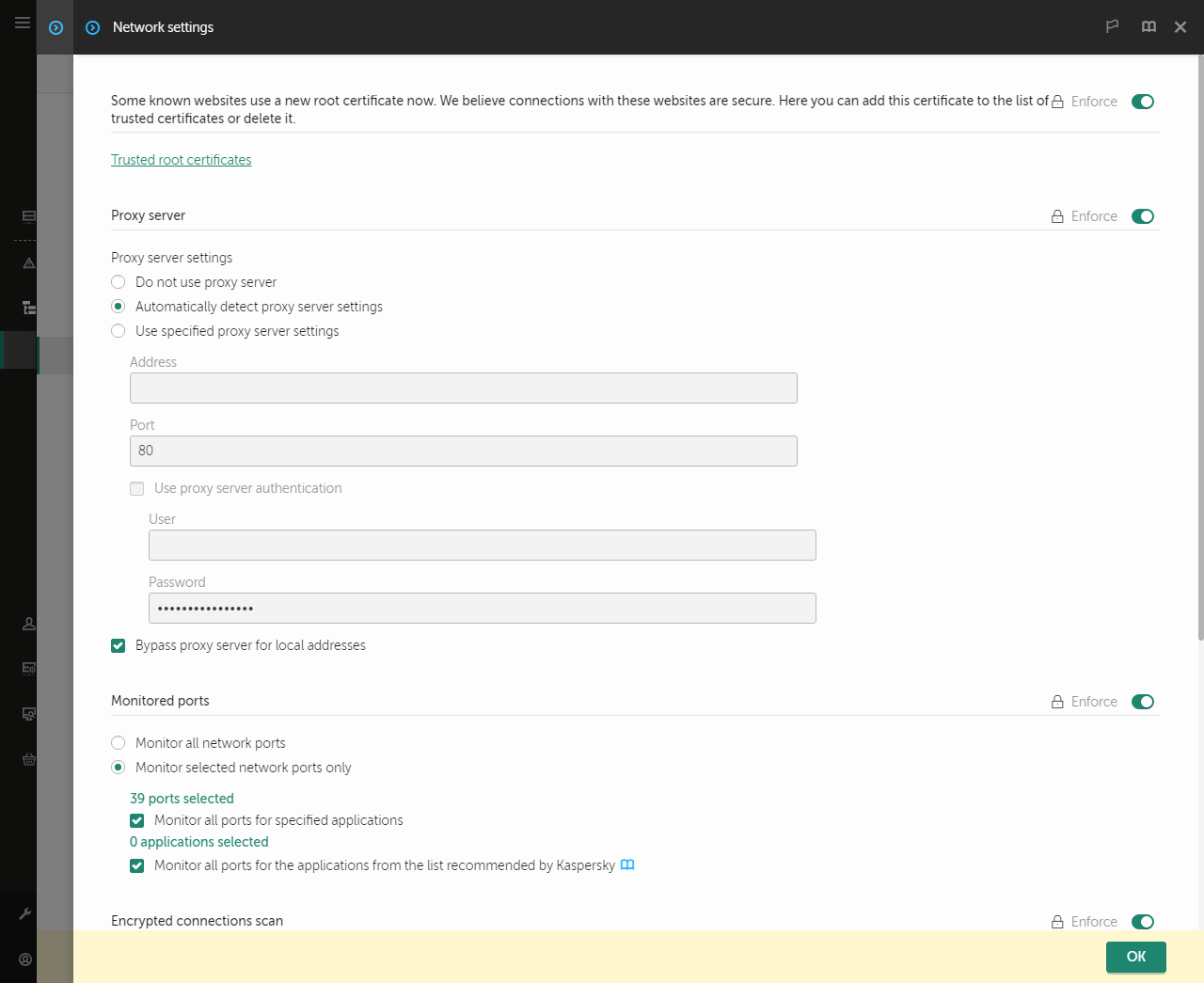 Application network settings window. The user can configure proxy server settings.