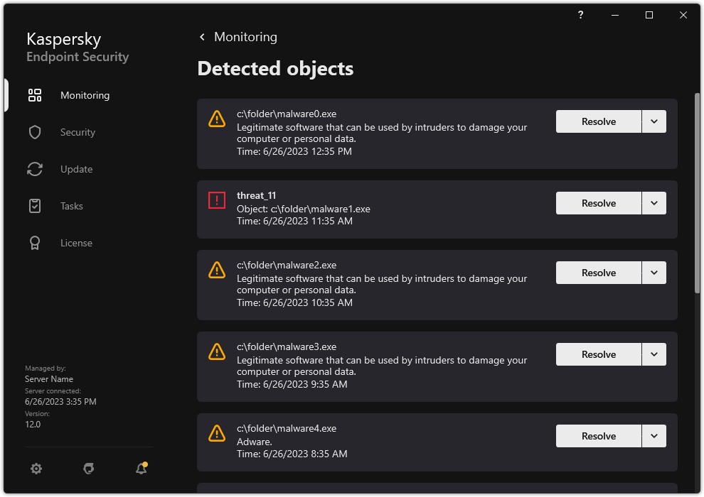 A window with the list of detected objects. Information about the object is displayed. The user can resolve or remove the object.