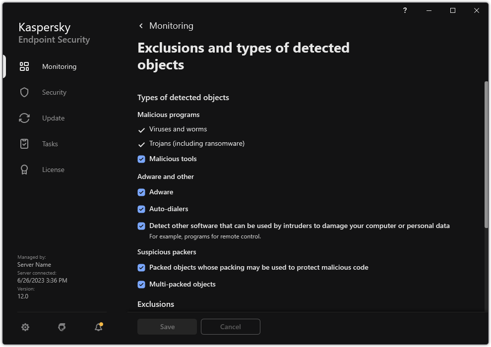 Exclusion settings window. The user can select types of detected objects and add objects to exclusions.