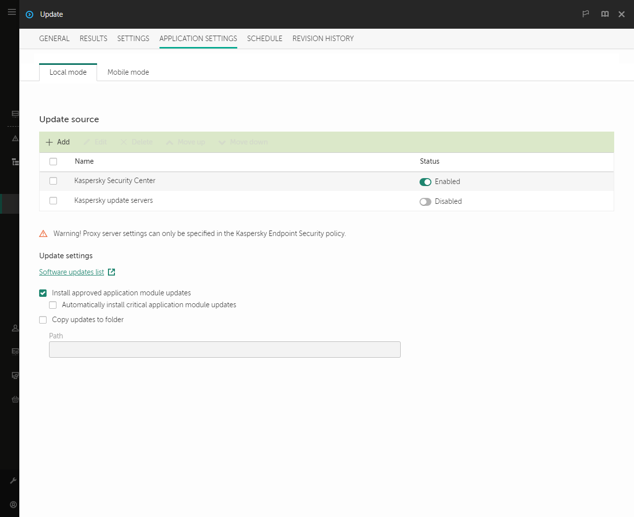 A window with the list of update sources. The user can add update sources and assign a priority to the source.