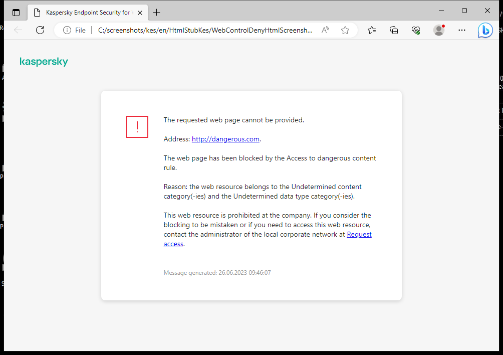 Kaspersky notification about blocking access to the web page in the browser window. The user can create a request to access the web resource.