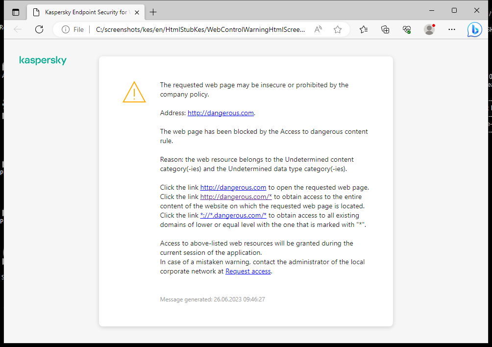 Kaspersky notification about visiting a possibly insecure web page in the browser window. The user can create a request to access the web resource.