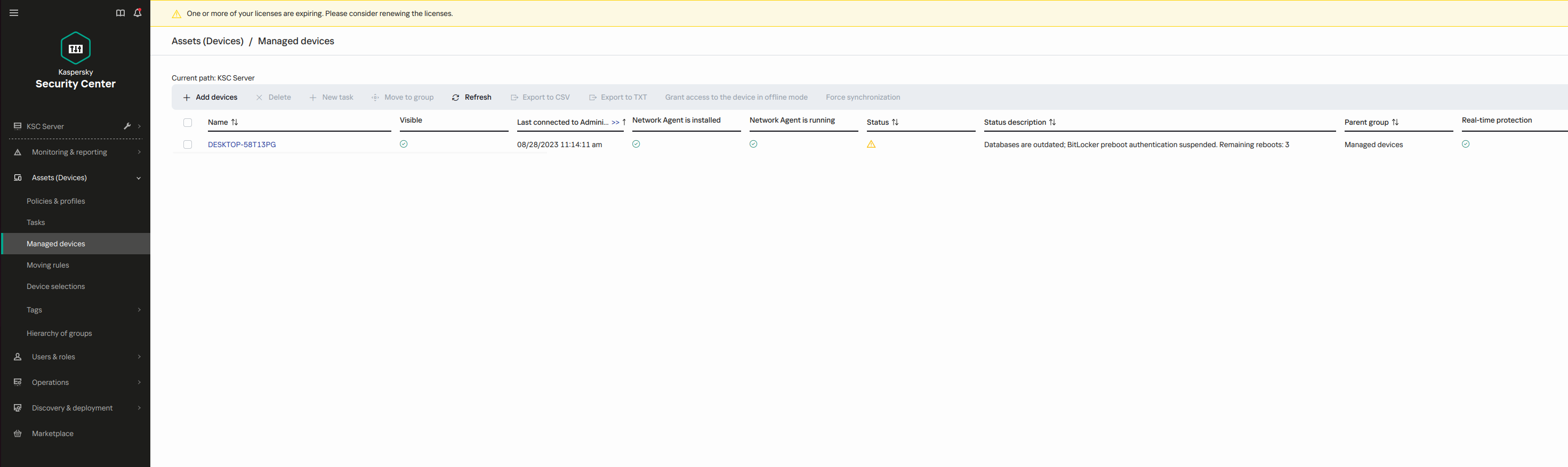 A window with the list of devices, on which the BitLocker encryption is running. Encryption technology, status and drive ID are displayed.