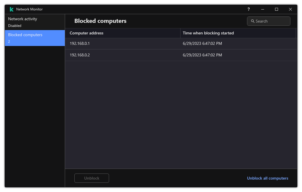 Network Monitor window with a list of blocked computers. You can unblock individual computers or all computers.